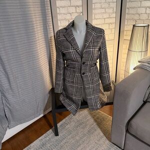 Elegant Black and White Plaid Trench Coat